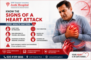 Heart attack warning signs explained by cardiologist in Pune at Joshi Hospital, heart specialist hospital in Pune