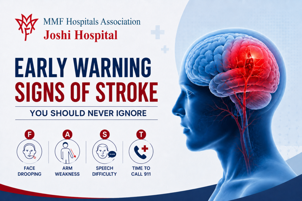 Early warning signs of stroke infographic by MMF Hospitals Association’s Joshi Hospital in Pune