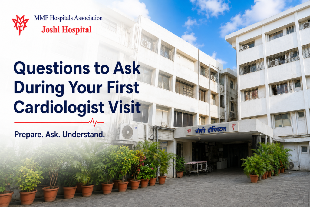 Patient discussing heart health questions during a cardiologist consultation at Joshi Hospital